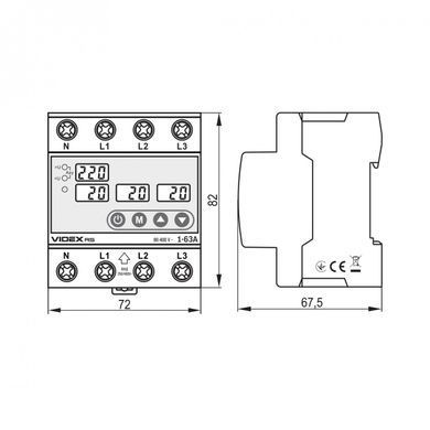 Трифазне реле контролю напруги та струму VIDEX RESIST 145-300В 1-63А (VF-RS-3RNT63) VF-RS-3RNT63 фото